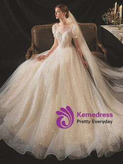 Dazzling Champagne Tulle Puff Sleeve Backless Beading Sequins Wedding Dress